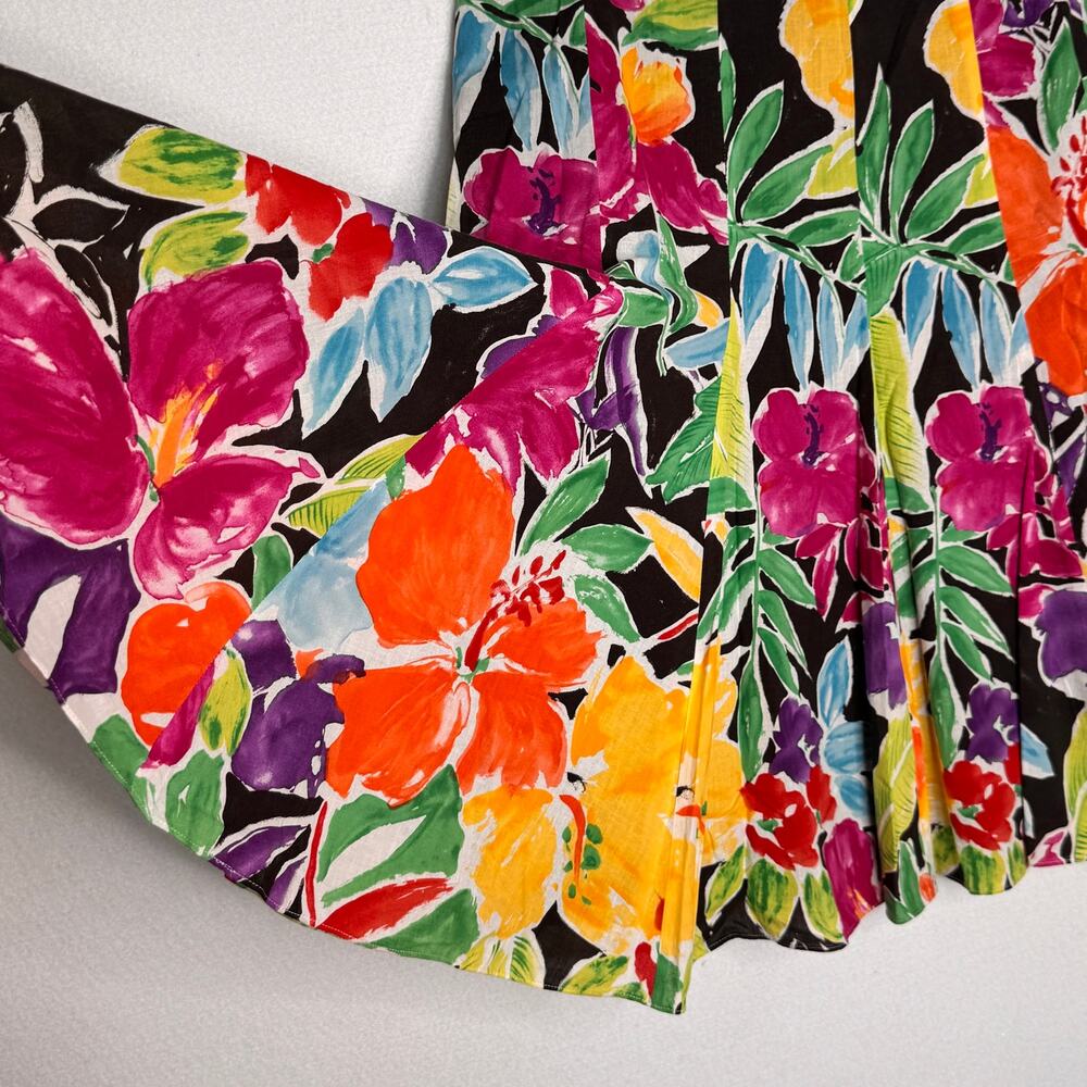 Lauren Ralph Lauren 2000s Floral Cotton Pleated Skirt Black Multicolor Size 14 - Picture 4 of 14